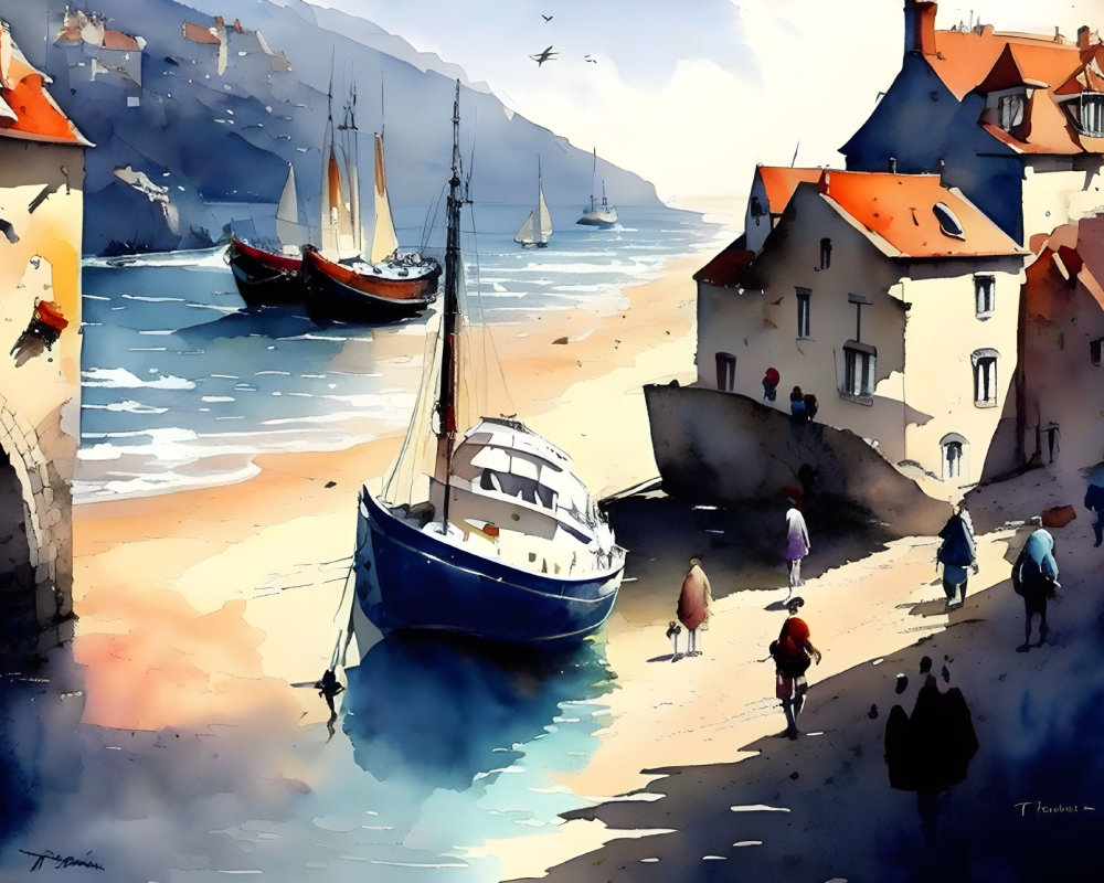 Coastal village scene with boats, people, and sunlit sky