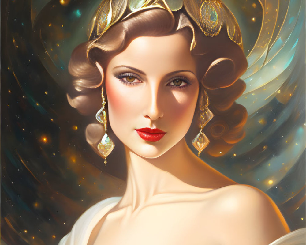 Illustrated woman with vintage hair and golden jewelry on cosmic backdrop