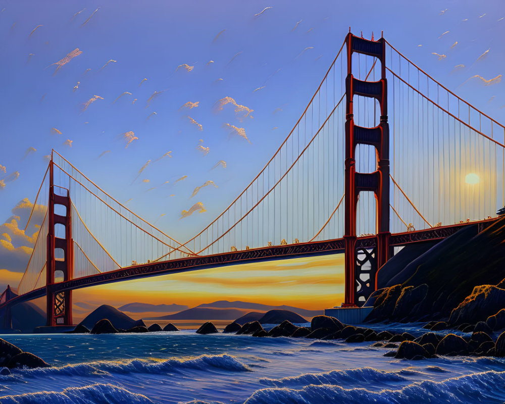 Sunset view of Golden Gate Bridge with birds, ocean waves, and rocky shore.