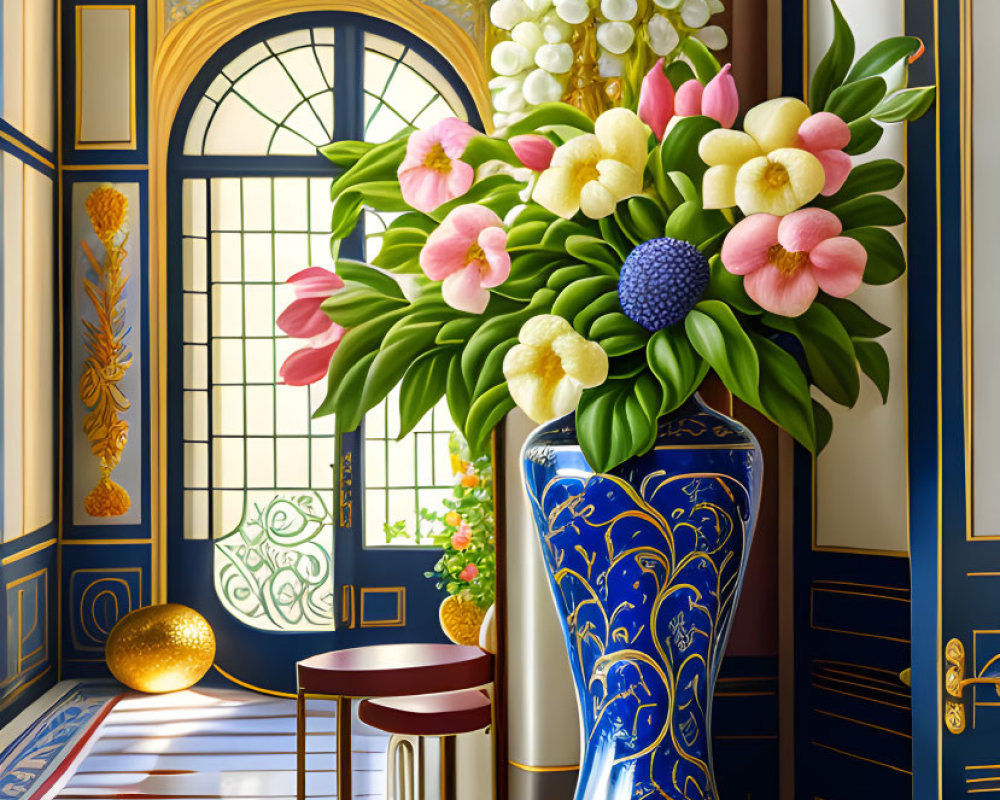 Bright Room with Large Window, Ornate Blue Vase, Pink & White Flowers, Gold Decor