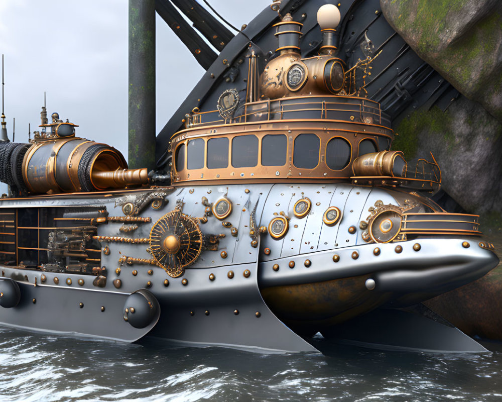 Steampunk-style submarine with intricate metalwork and gears near rocky cliffs displays vintage design elements