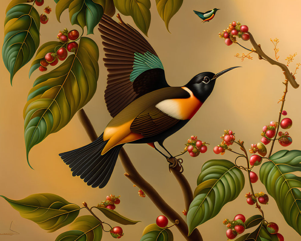 Bird in Flight Among Lush Foliage and Red Berries
