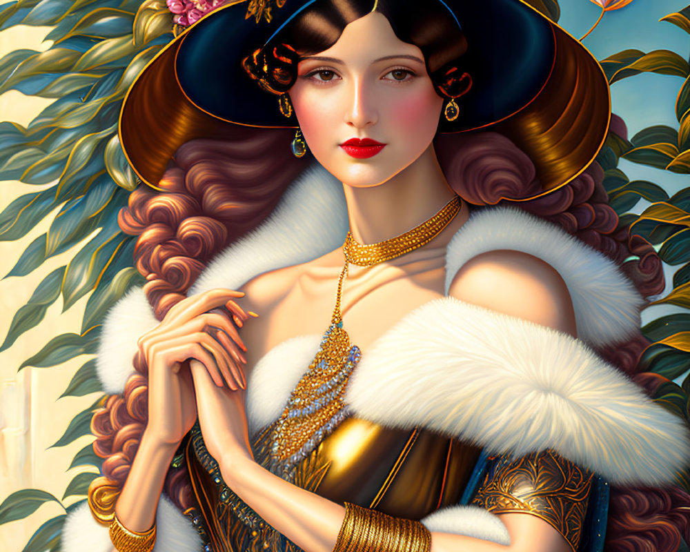 Vintage Attire: Elegant Woman in Wide-Brimmed Hat and Fur Stole with Gold Jewelry Pose