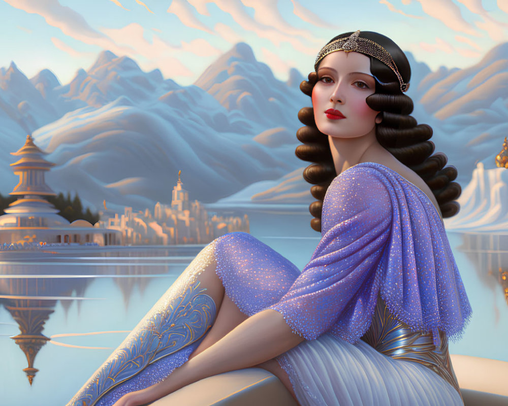 Stylized illustration of woman with sleek hair in front of serene mountain landscape