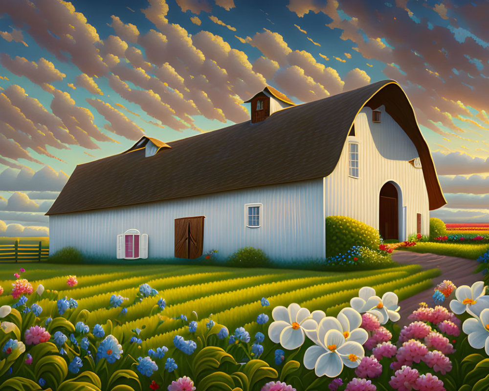 Rural farm landscape with barn, blooming flowers, and dawn sky