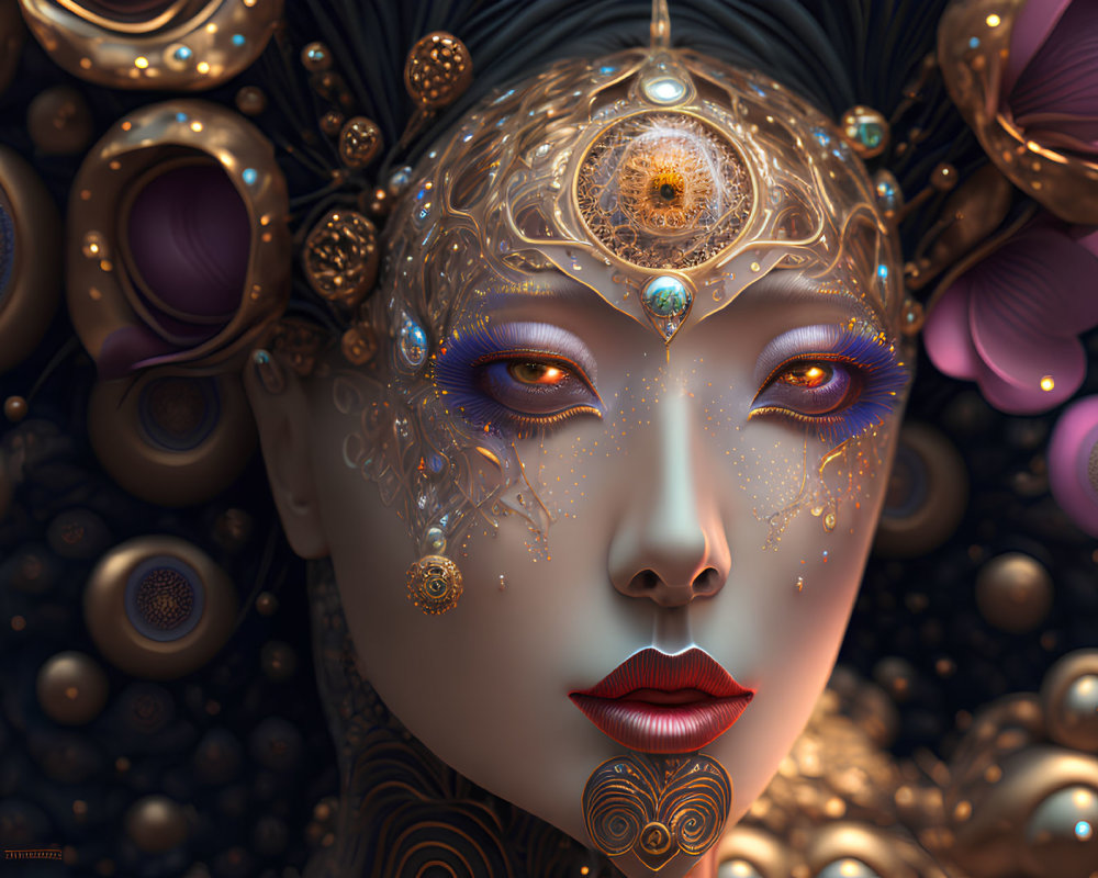 Digital Artwork: Woman with Golden Head Adornments and Cosmic Makeup