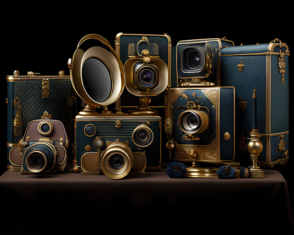 Vintage Cameras and Suitcases with Gold Accents on Draped Cloth