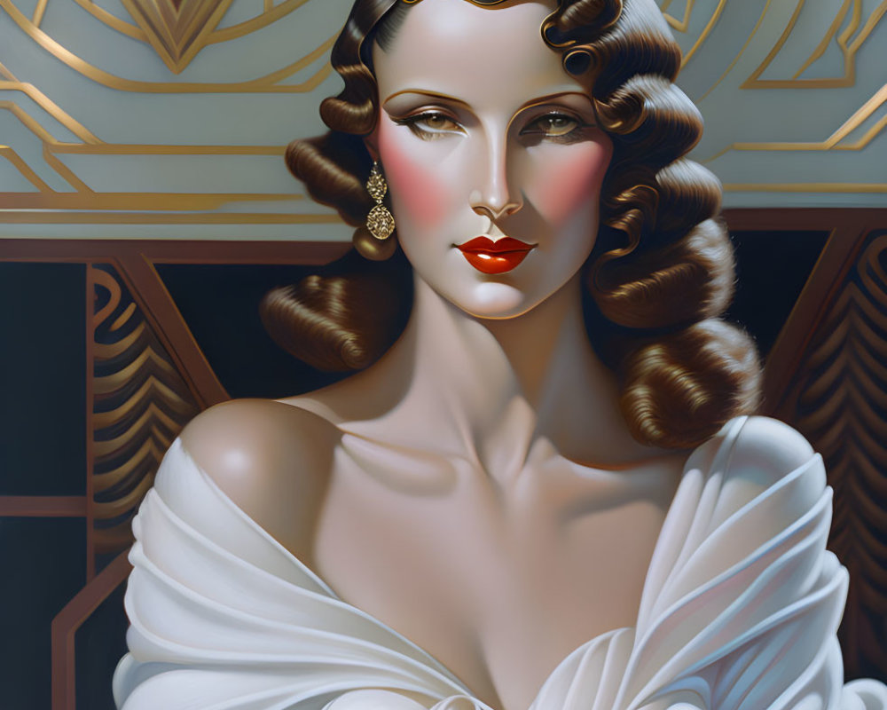 Art Deco Style Woman Illustration with Finger Waves and Off-Shoulder Gown