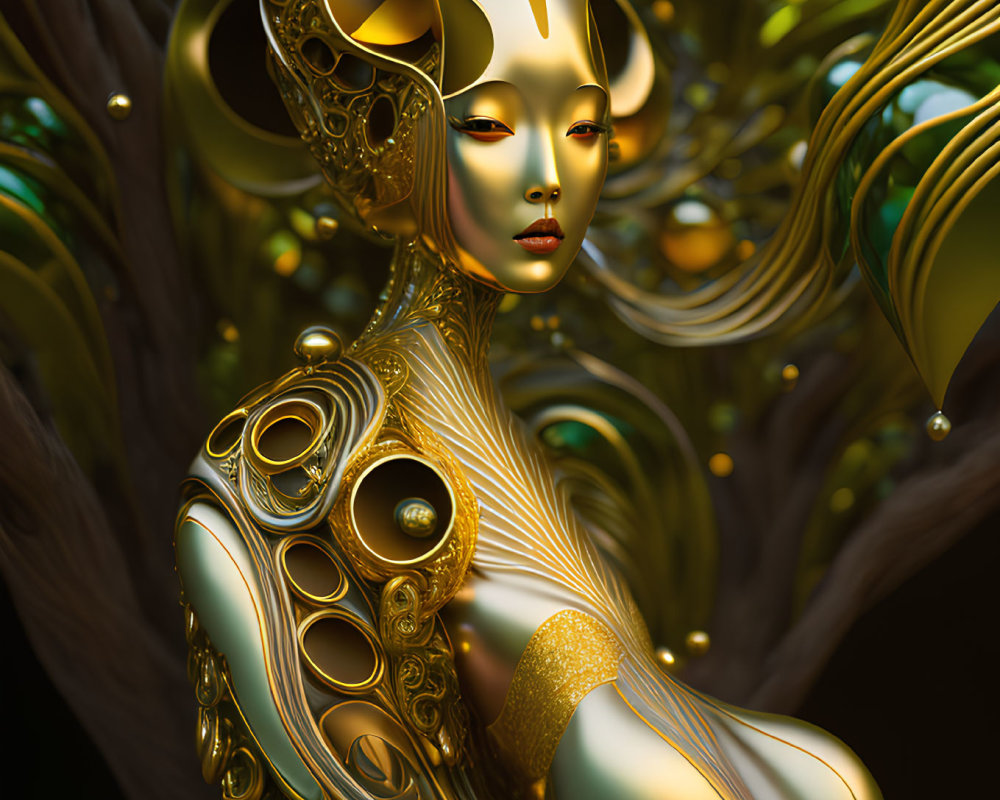 Futuristic digital art portrait of female figure in gold and white robotic armor