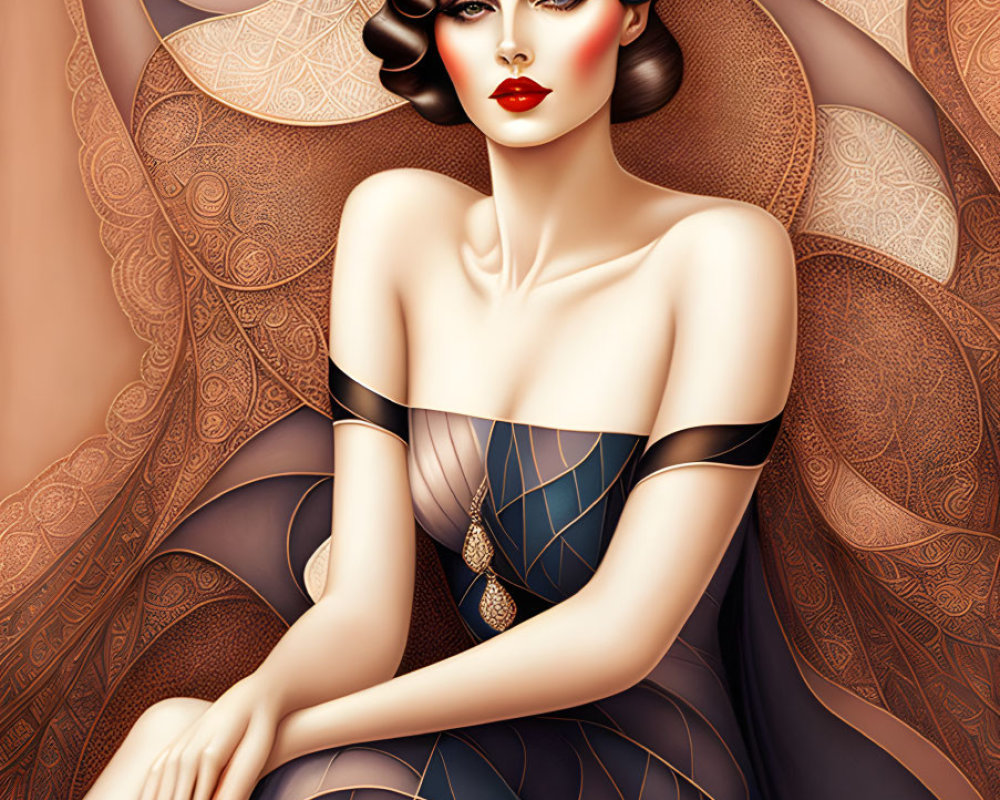 Art Deco Style Illustration of Elegant Woman in Blue Gown