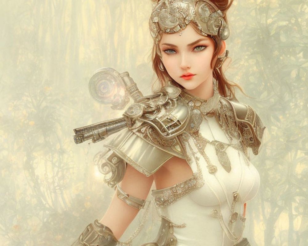 Illustrated female warrior in ornate silver armor with futuristic pistol in misty golden forest.