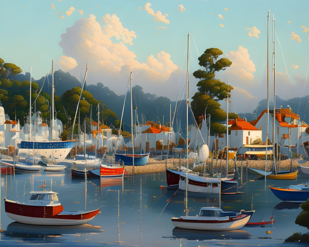 Tranquil harbor scene with colorful boats, reflections, trees, buildings, and cloudy sky