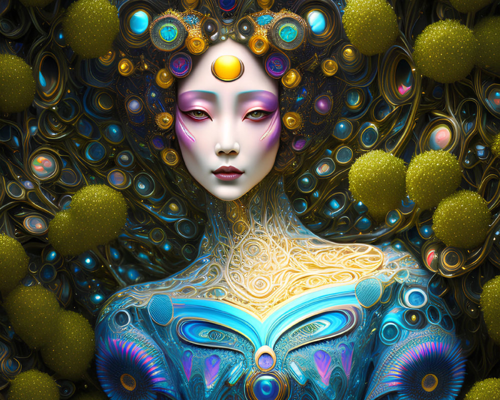 Colorful Stylized Woman with Ornate Fractal Spheres