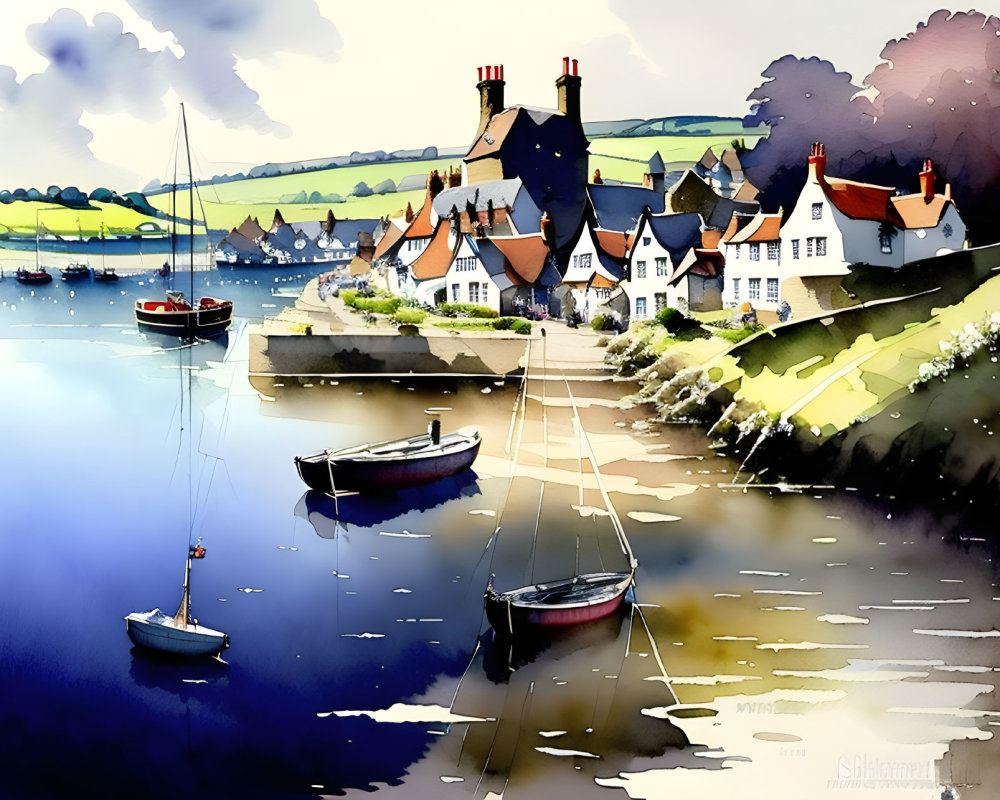 Serene coastal village watercolor painting with traditional houses, boats, and hills