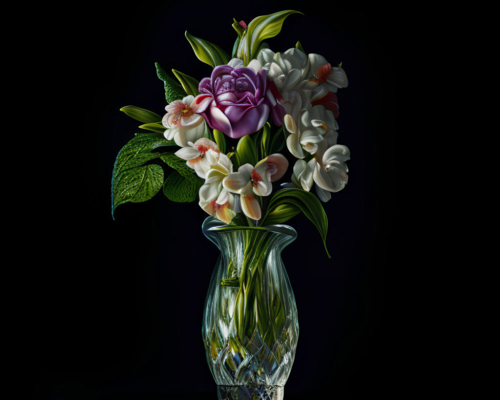 Colorful Flower Bouquet in Crystal Vase on Dark Background