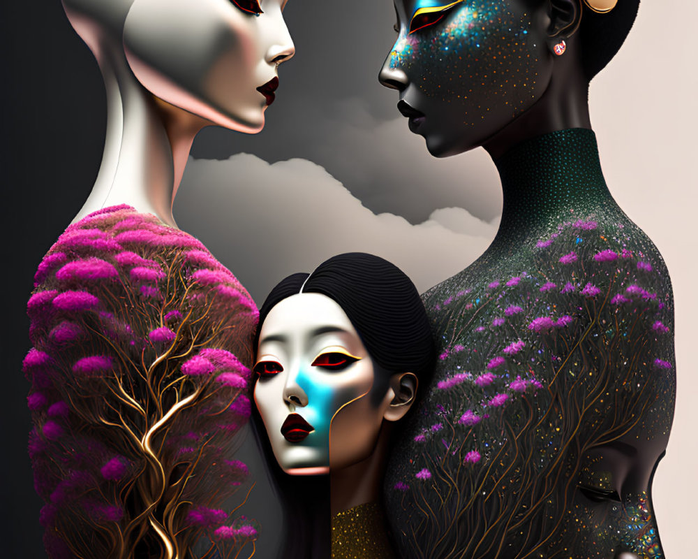 Stylized surreal female figures with cosmic and floral patterns on dark background