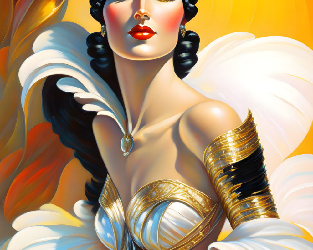Stylized female figure with white wings and golden attire on radiant background