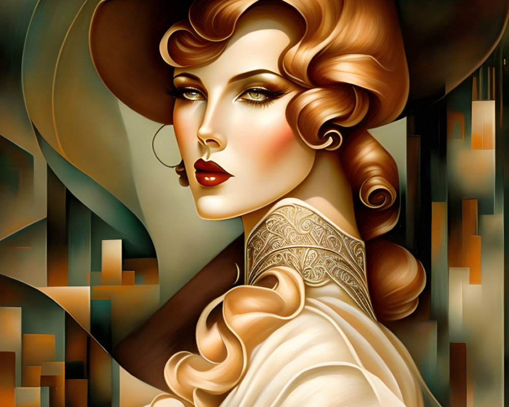 Art Deco style illustration of elegant woman with curls in wide-brimmed hat and cream blouse against