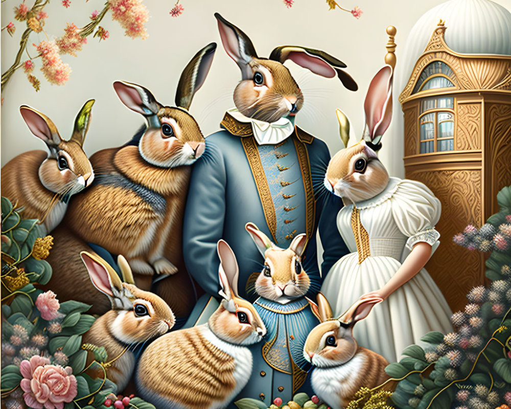 Regal Victorian-dressed anthropomorphic rabbits in lush flora setting