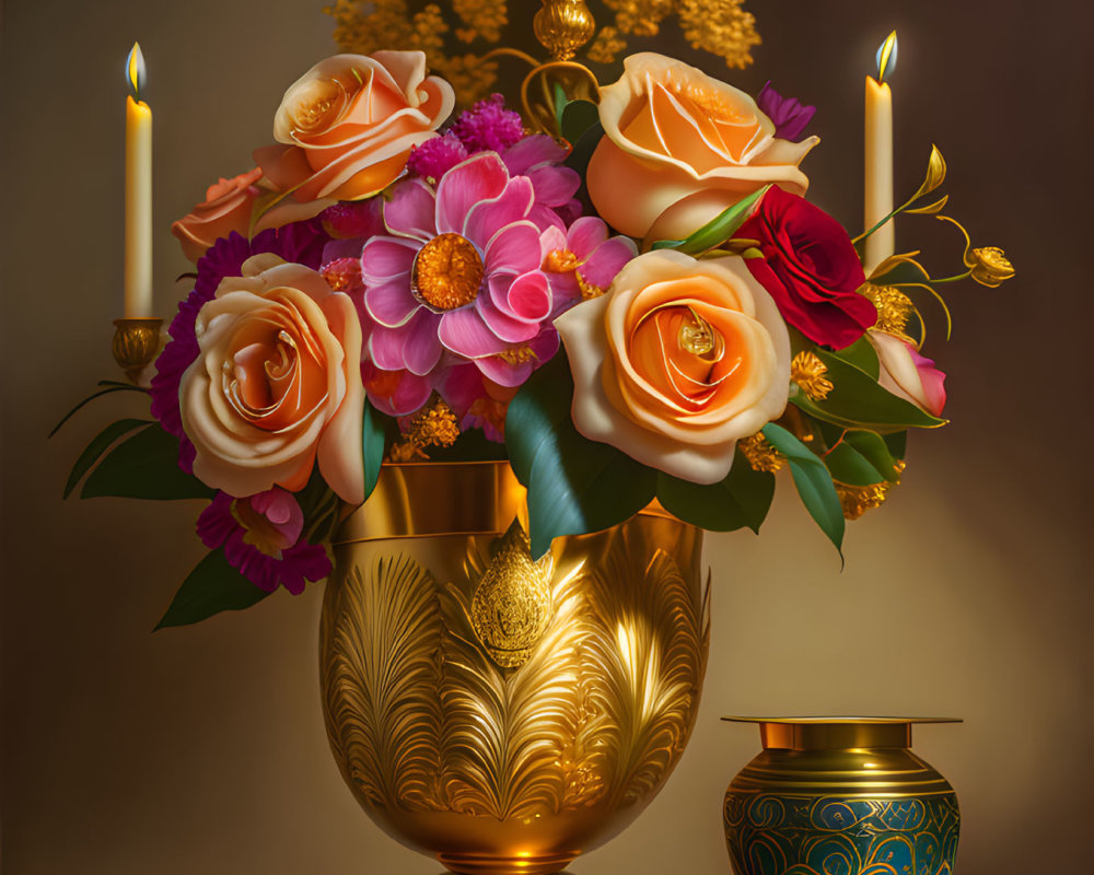 Elegant still life painting with flowers in golden vase