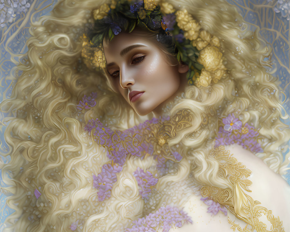 Portrait of woman with golden curly hair and floral crown with purple flowers