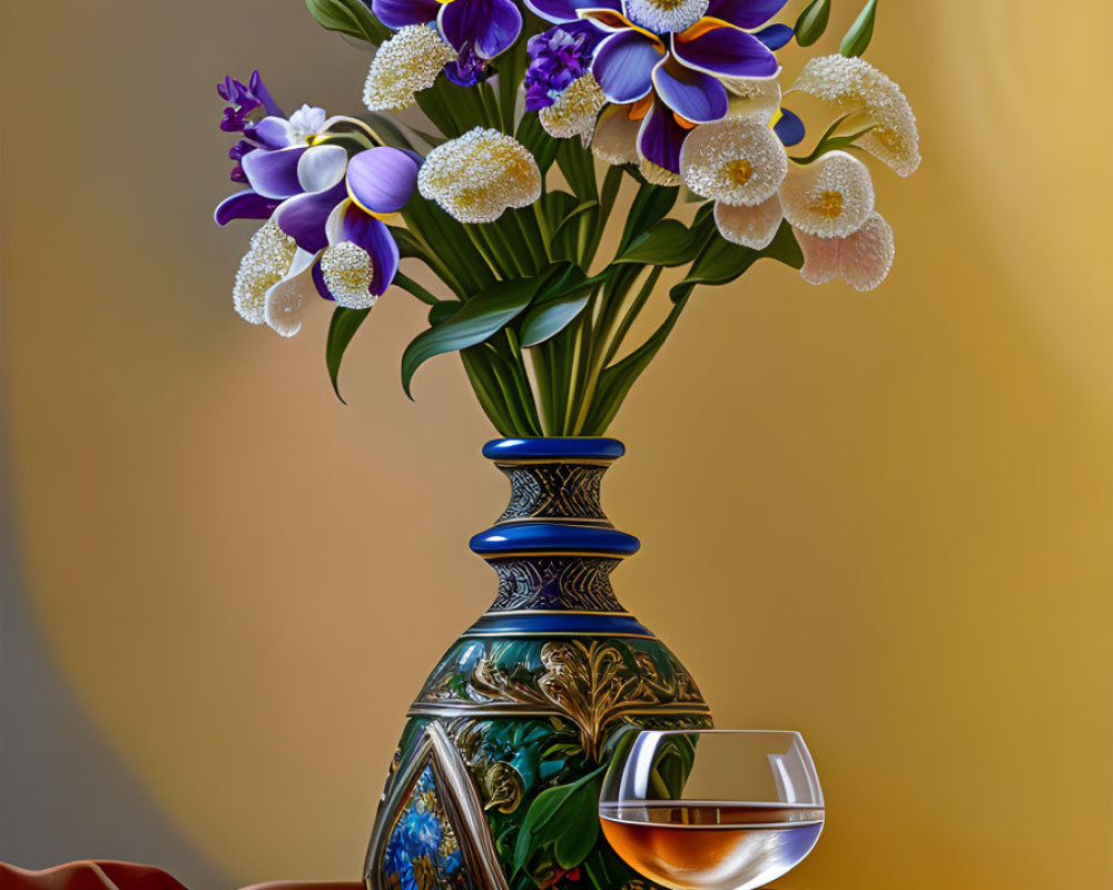 Purple and White Flower Bouquet with Wine Glass on Golden Background