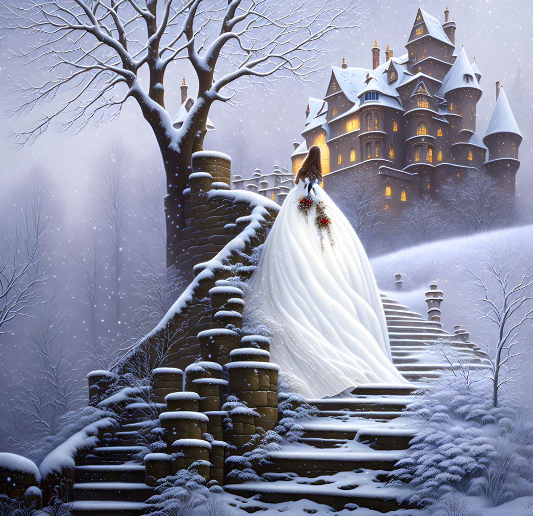 Woman in white dress on snowy steps near illuminated castle