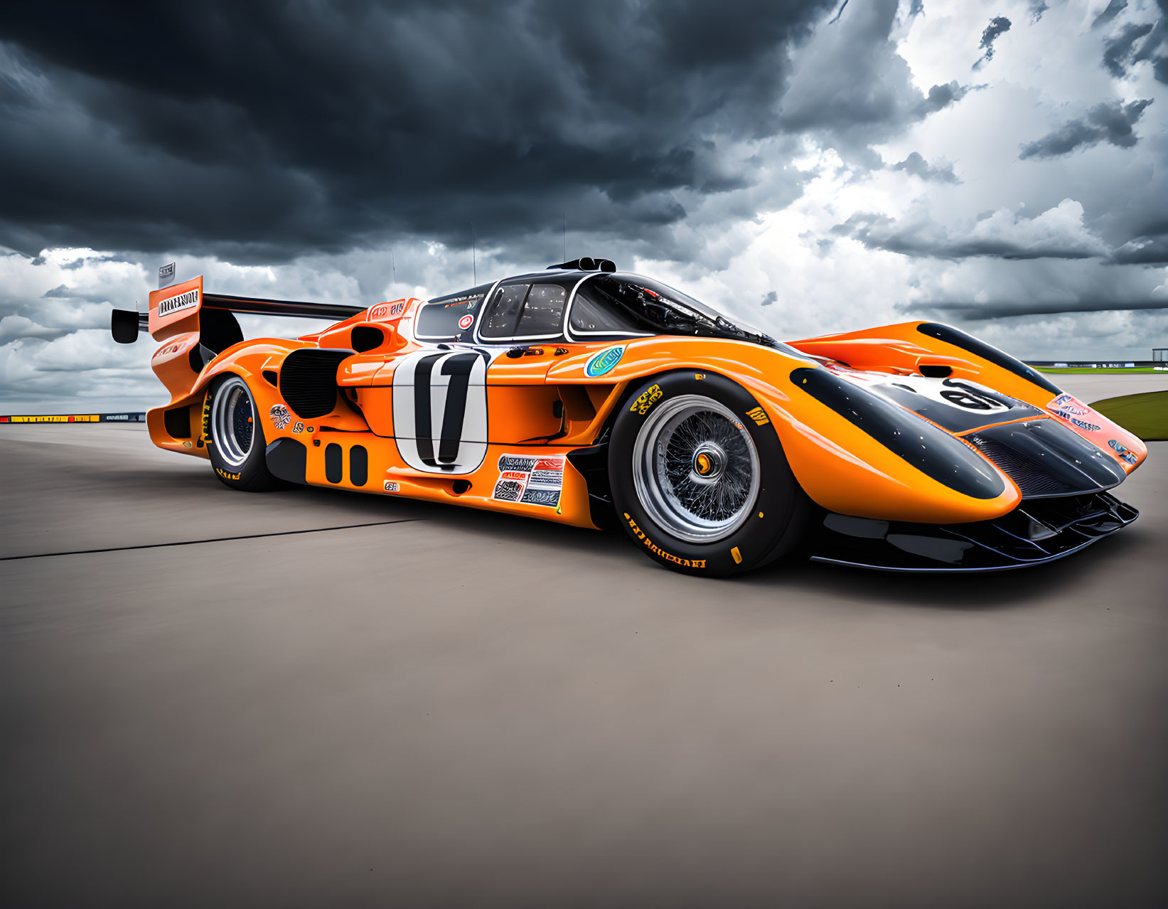 Orange and Black Racing Car with Number 1 on Track Under Cloudy Sky