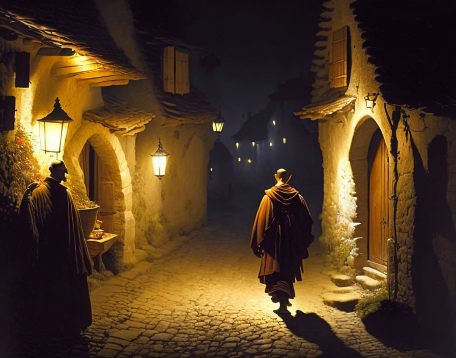 Person in cloak strolls cobblestone street at night past old-world buildings