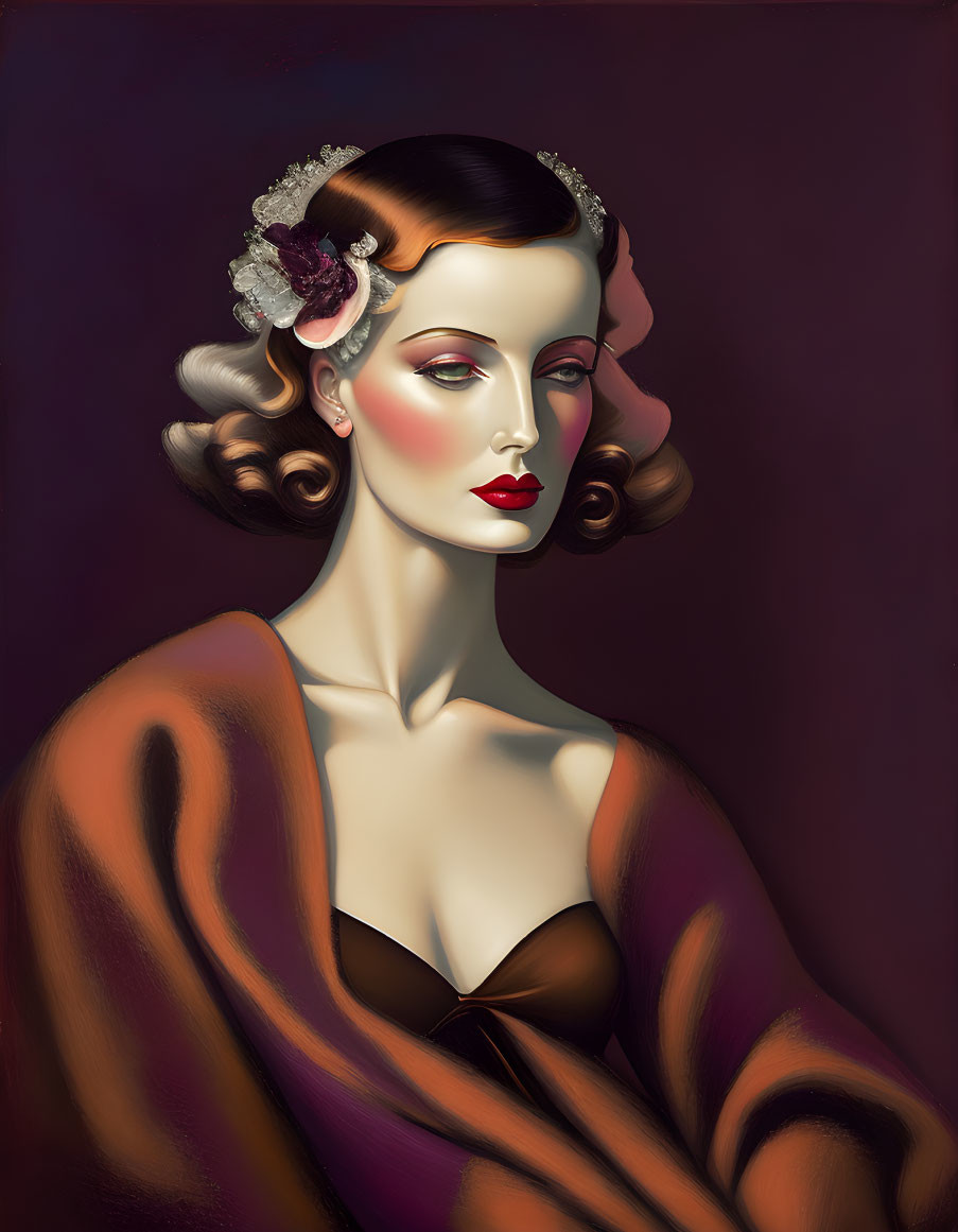 Classic Vintage Portrait of Woman with Waved Hairstyle and Red Lipstick