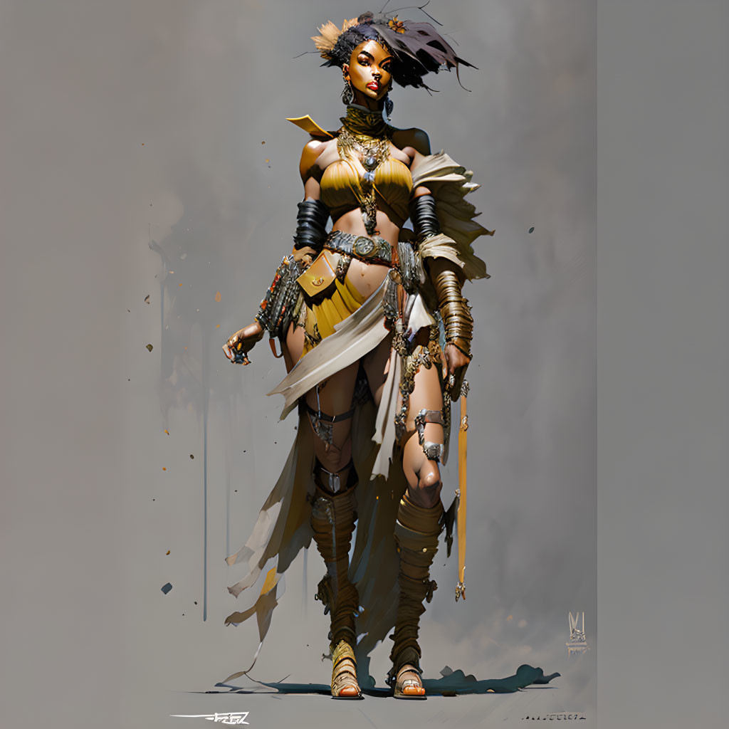 Animated female warrior in gold armor with spear and regal headdress