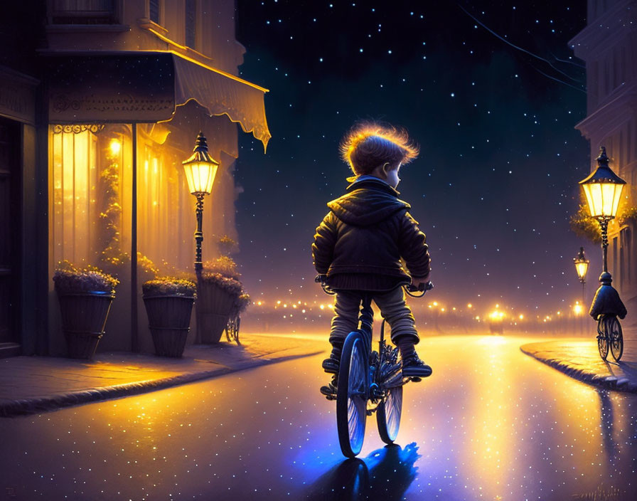 Child on bicycle admires starry night sky over cobblestone road