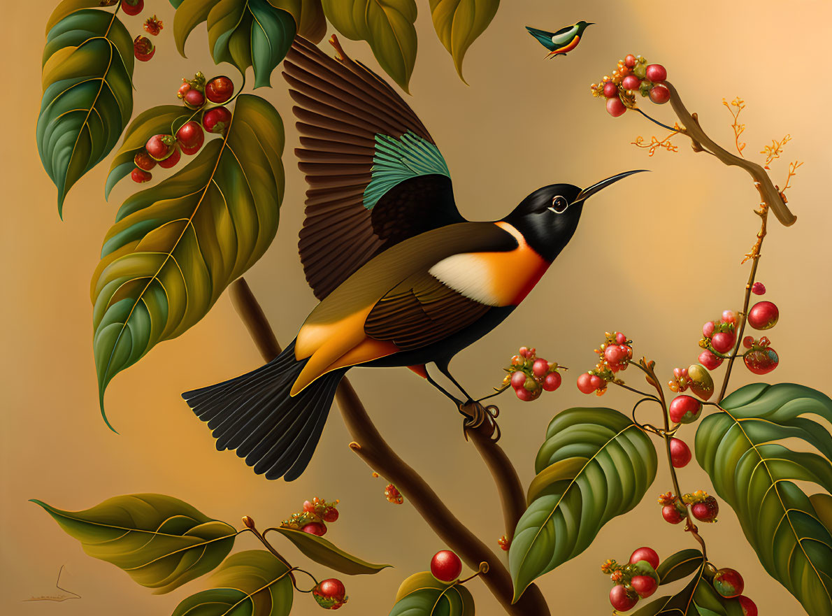 Bird in Flight Among Lush Foliage and Red Berries