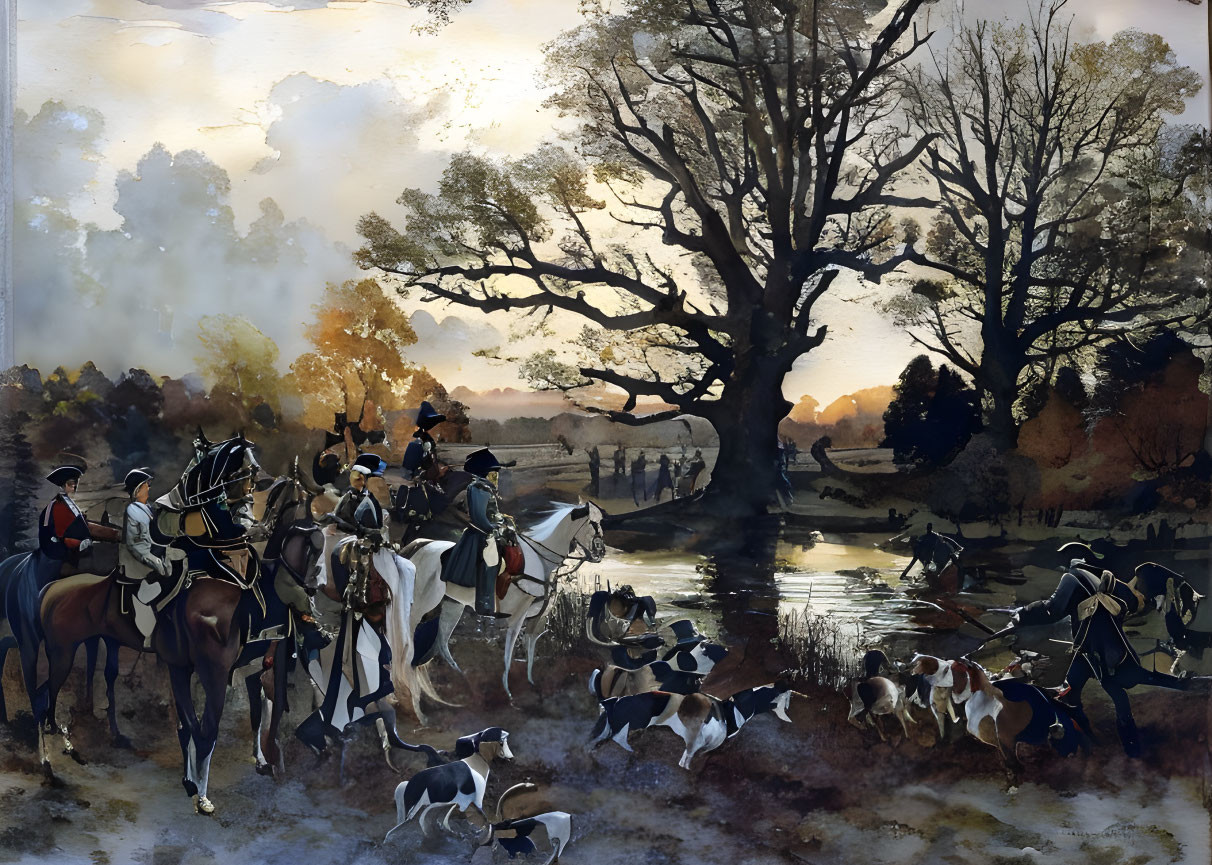 Traditional Fox Hunt Scene with Elegantly Dressed Riders and Hounds in Serene Woodland at