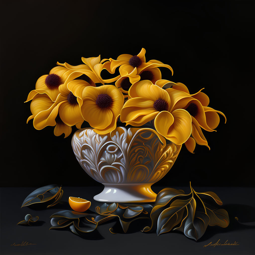 Vibrant Yellow Calla Lilies in White Vase on Dark Surface