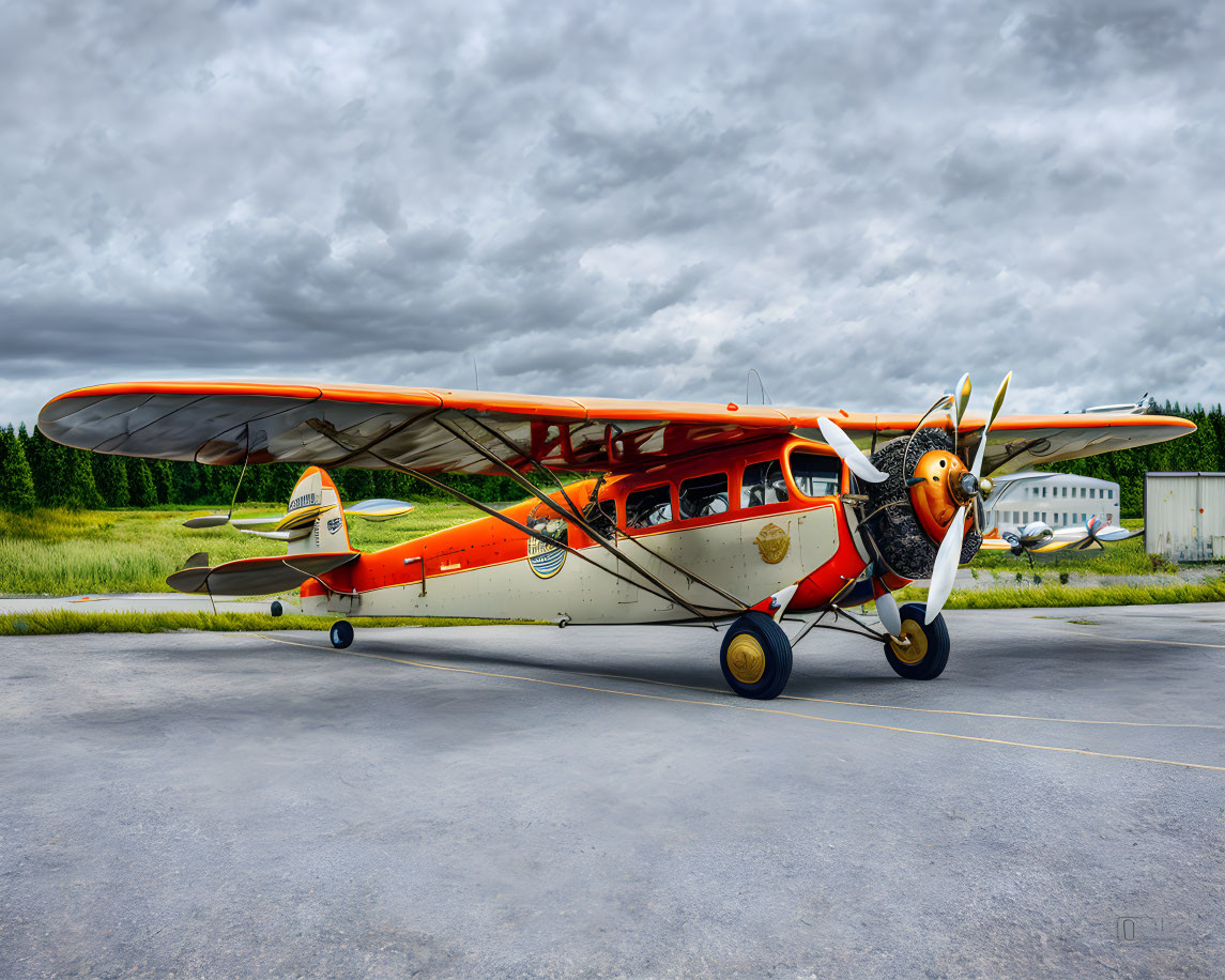 Vintage orange and white biplane with radial engine on tarmac under cloudy sky