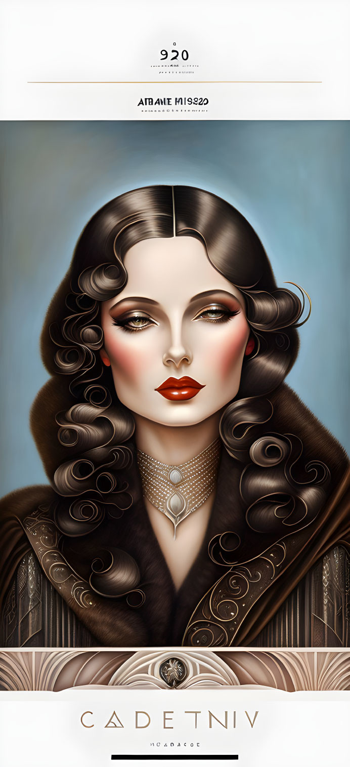 Illustrated portrait of woman with wavy hair, bold makeup, fur collar, and ornate necklace