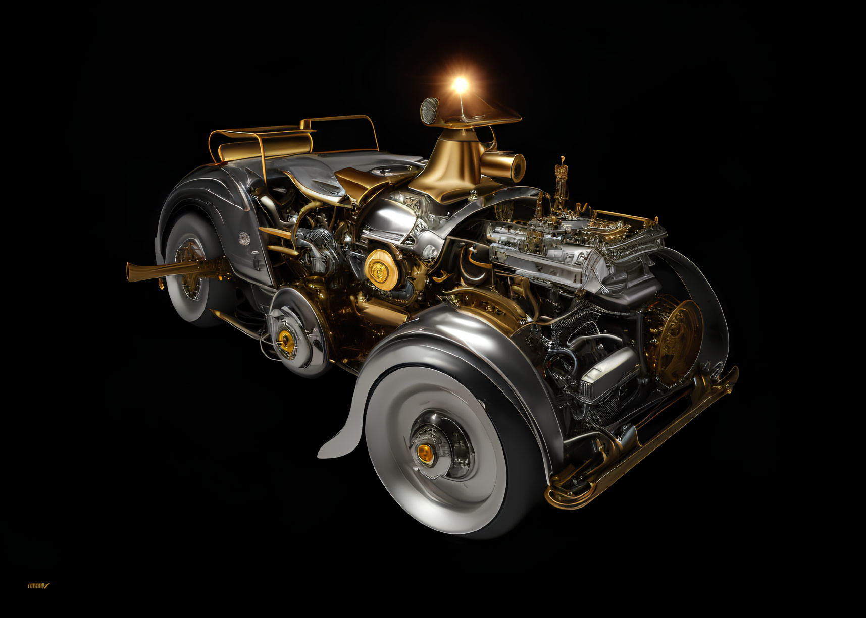 Vintage Car Featuring Exposed Golden Engine Components on Black Background