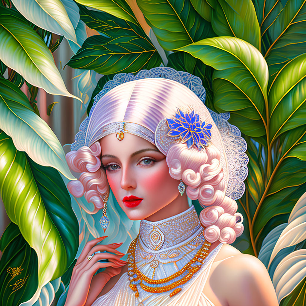 Stylized portrait of woman with white hair and red lips on green leaf background