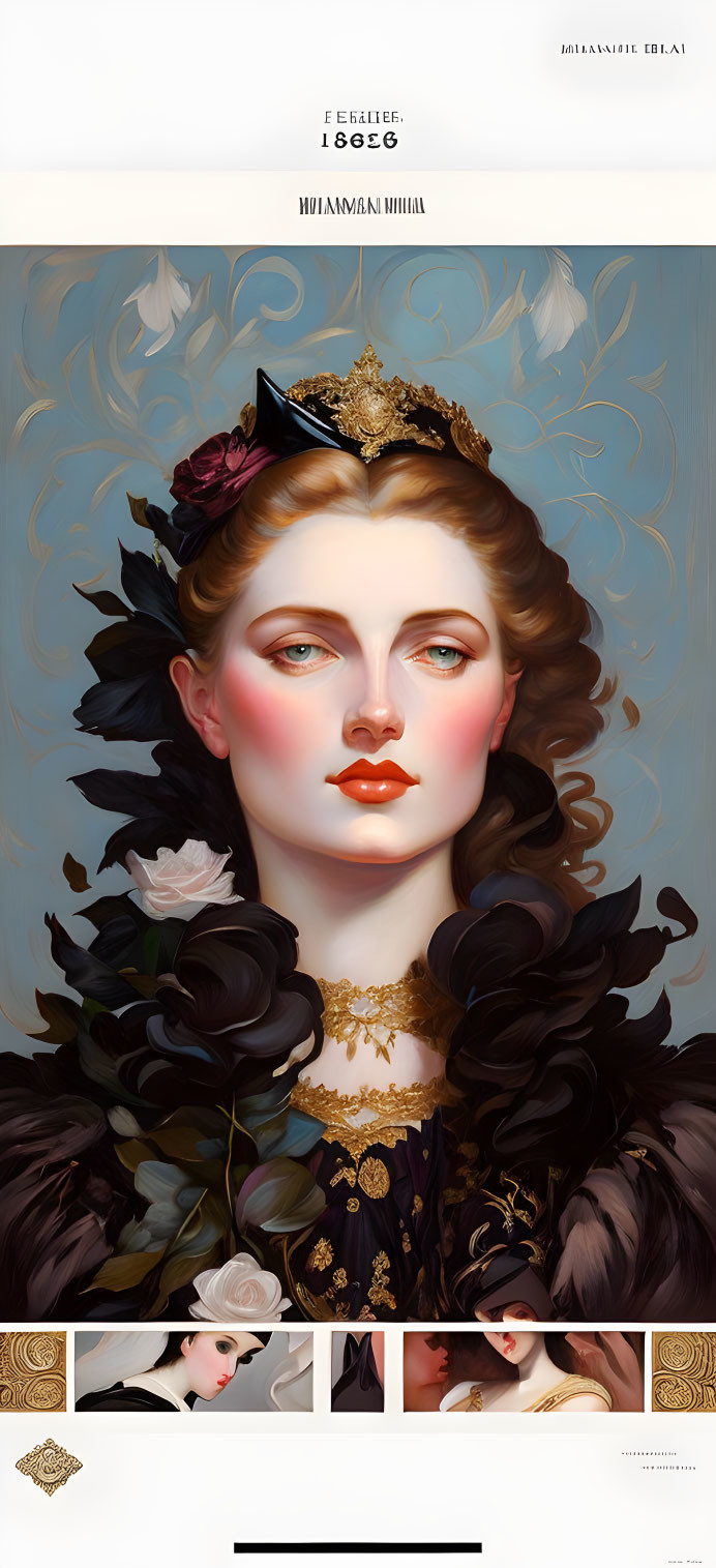 Stylized portrait of a woman with ornate headdress and feathers, surrounded by black roses,