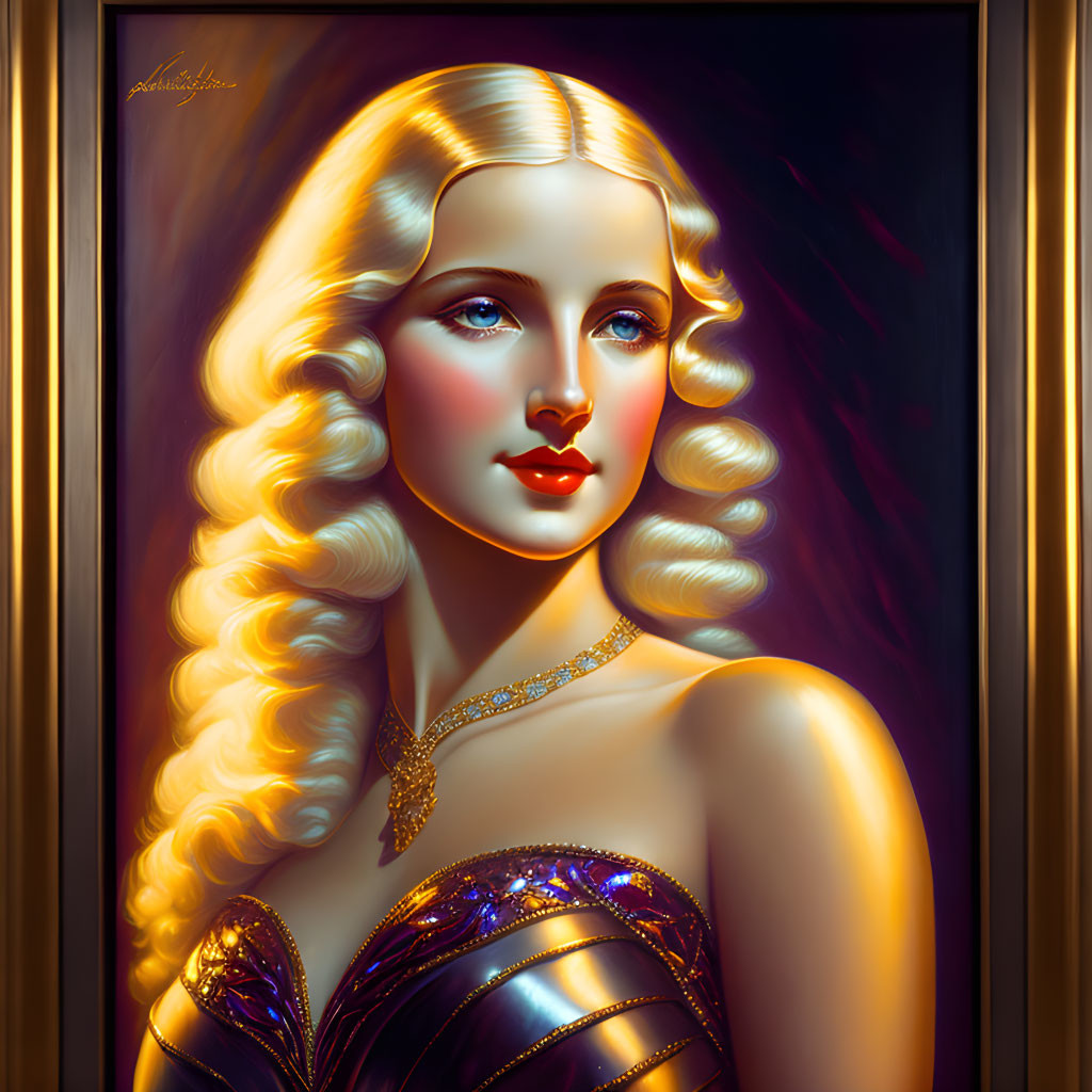 Blonde woman with blue eyes in purple dress and jewels on dark background
