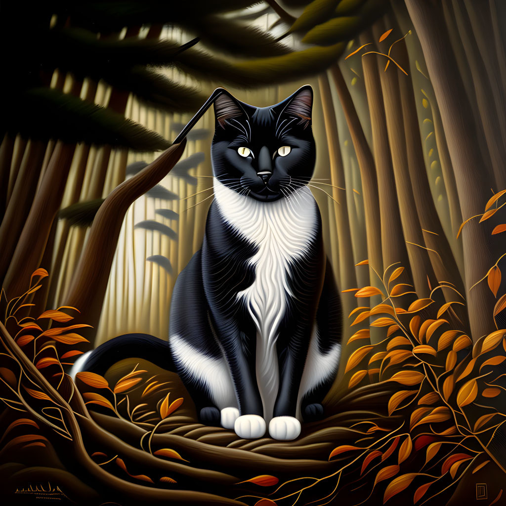 Majestic black and white cat in autumn forest scene