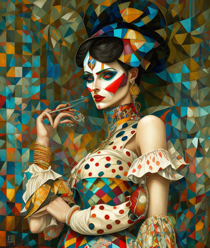 Colorful geometric background with vibrant makeup and ornate hat portrait.