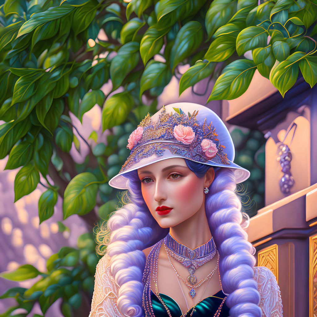 Blue braided hair woman in elegant attire with decorated hat against green foliage and architecture.