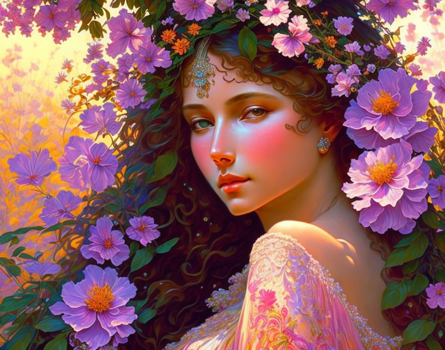 Detailed illustration of woman with floral crown among vibrant purple flowers