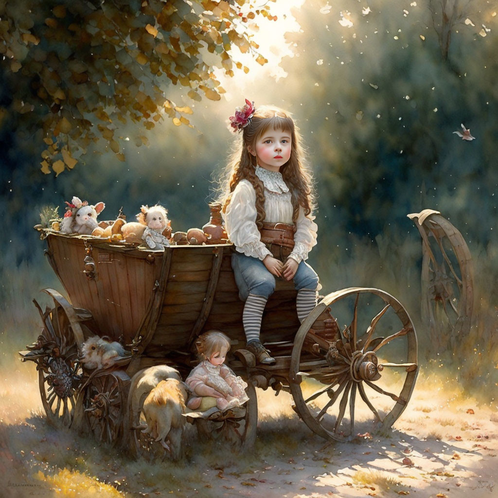 Young girl with chicks and puppies in rustic forest setting