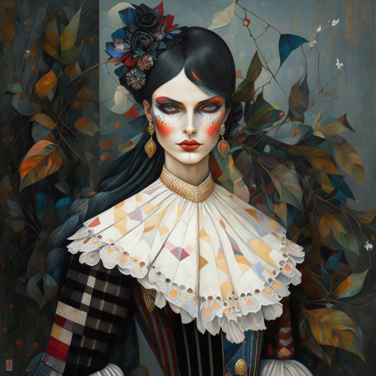 Illustrated portrait of woman with Victorian collar, pearls, and autumn foliage.