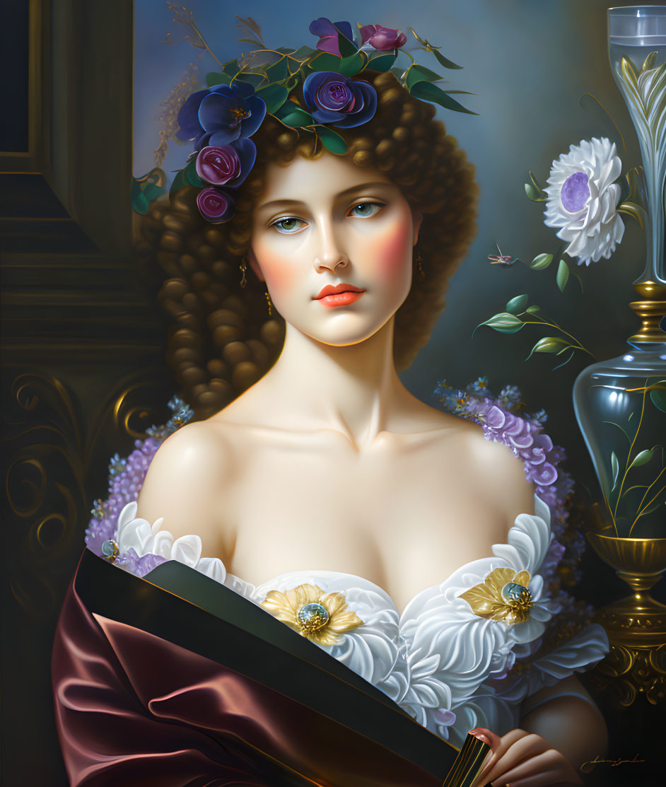 Classical portrait of woman with rose wreath, fan, and vase flower