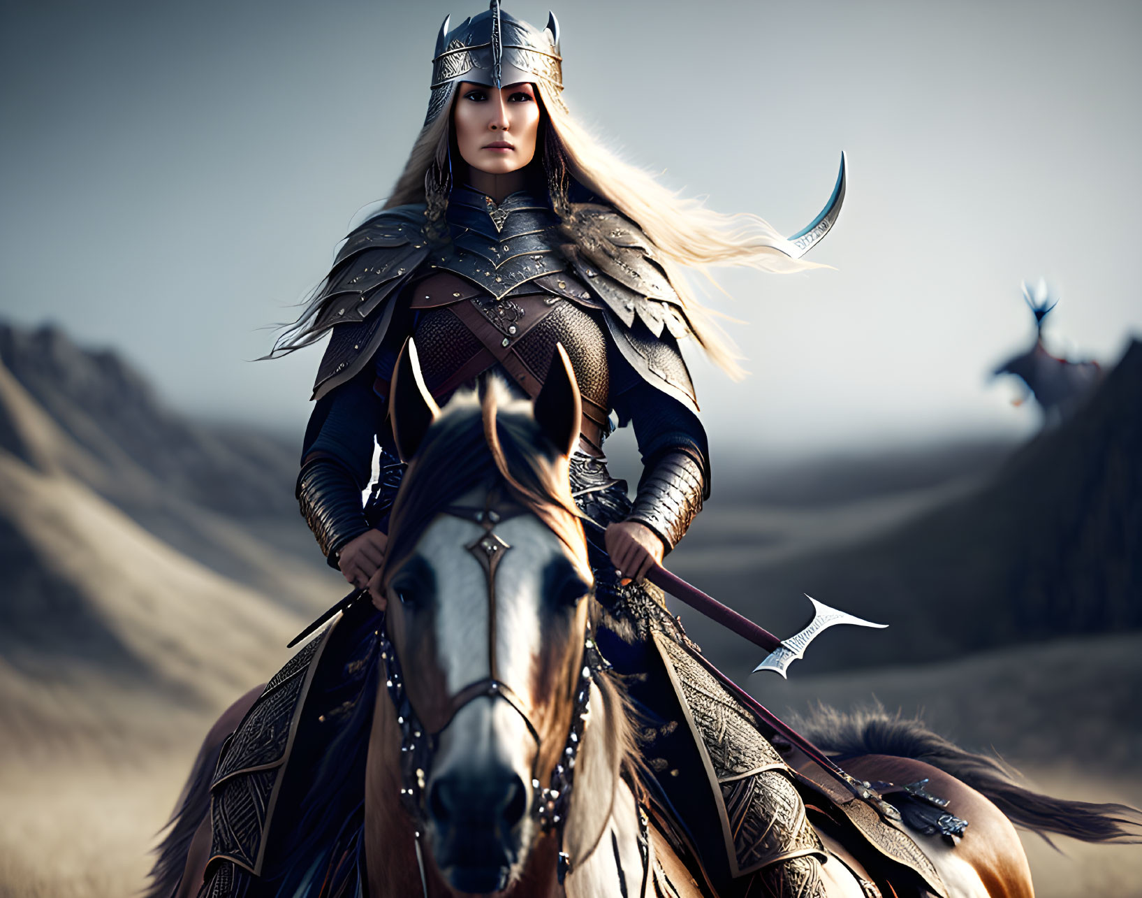Female warrior in ornate armor on horseback with weapon in barren landscape