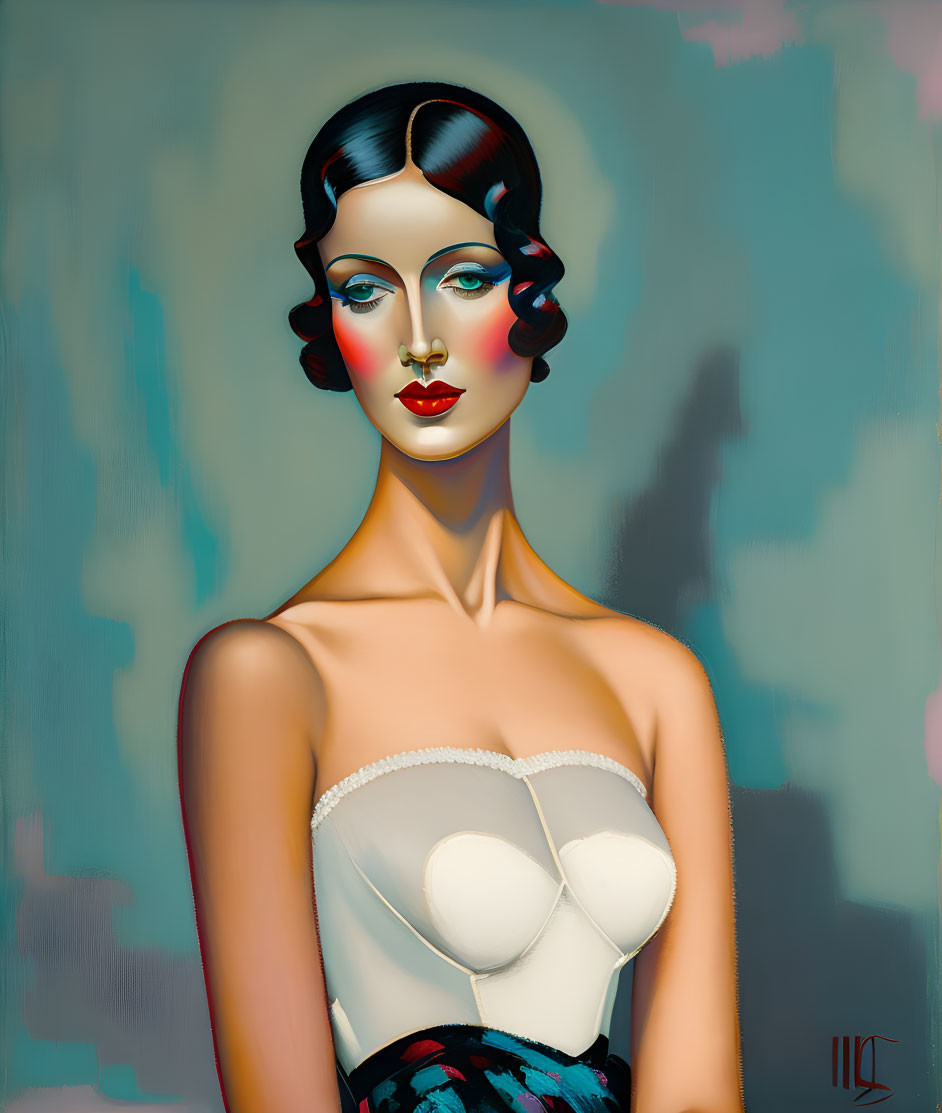 Stylized portrait of a woman with sleek hair and red lips in a white dress against a shadow